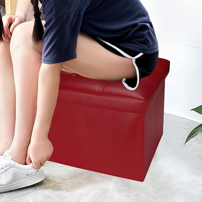 Bsketa Storage Ottoman, Folding Foot Stool with Thicker Foam Padded Seat Small Leather Storage Ottoman Bench Foot Rest for Living Room Foldable Coffee Table 17x13x13in,Red