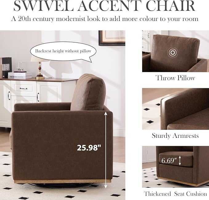 Aoiy & Wifon 30.7" W Swivel Accent Chair Set of 2, Mid Century Modern Swivel Chairs for Living Room, Comfy Small Accent Chair, PU Leather, Coffee