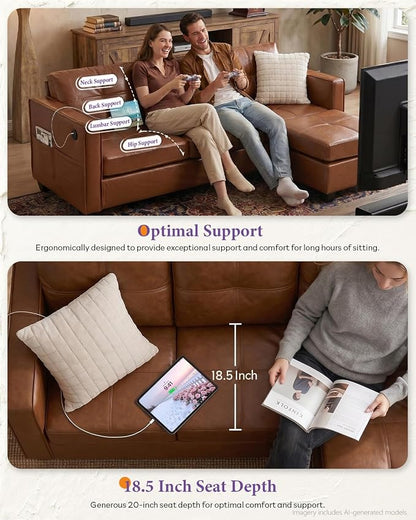 TYBOATLE Brown Sofa Couch Sectional Couches for Living Room, Comfy Faux Leather Modular Convertible L Shaped Sofas with USB & Ottoman, Leather Sectional with Side Pockets for RV Apartment Office