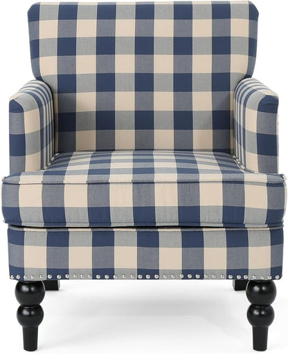 Christopher Knight Home Eve Modern Upholstered Club Chair, Wooden Living Room Accent Chair, Comfy Bedroom Reading Chair, Multifunctional Armchair, Blue Checkerboard