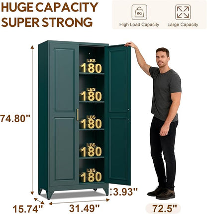 UNICOLY 75" Kitchen Pantry Cabinet, Tall Storage Cabinet with Doors and 4 Shelves, Metal Storage Cabinets for Kitchens, Living Room, Dinning Room, Assembly Required, Green