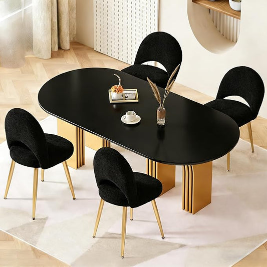 Vanity Chair with Adjustable Backrest, Boucle Upholstery Armless Makeup Stool, Black Sherpa Vanity Stool with Gold Metal Legs for Bedroom Living Room Kitchen Dinning Room (Gold and Black)