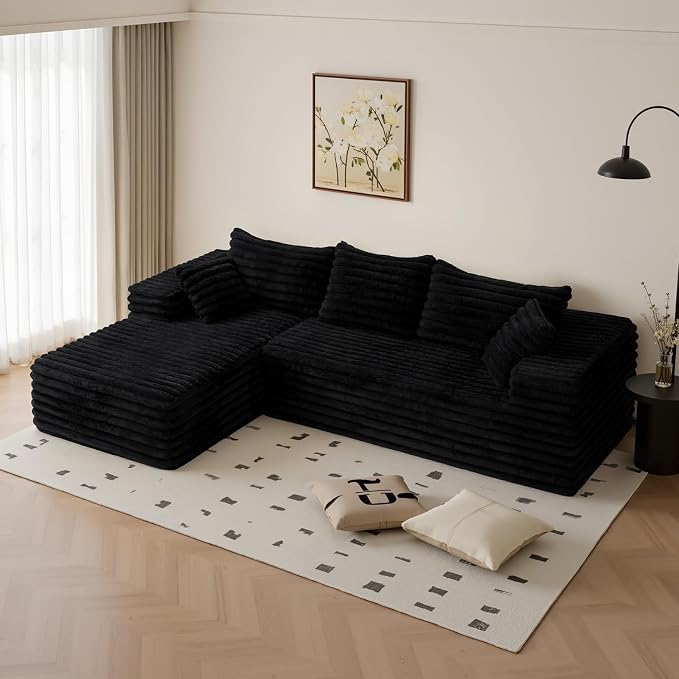 2" Corduroy Boneless Couches for Living Room, L Shape Sofa with Chaise | 102.4" Modular Sectional Sofa, Cloud Couch Sectional with Deep Seat, No Assembly, Black, Left Chaise