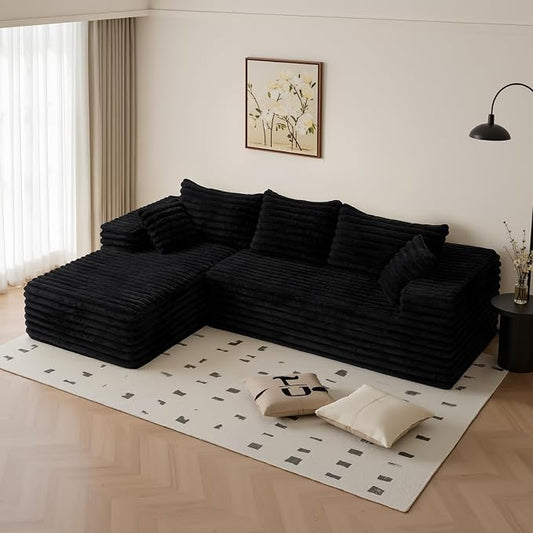 2" Corduroy Boneless Couches for Living Room, L Shape Sofa with Chaise | 102.4" Modular Sectional Sofa, Cloud Couch Sectional with Deep Seat, No Assembly, Black, Left Chaise
