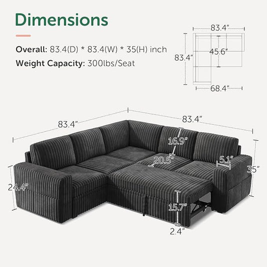 HONBAY Modular Sectional Sleeper Sofa with Pull Out Bed,Corduroy L Shaped Couch with Storage, Sectional Couches for Living Room,Dark Grey