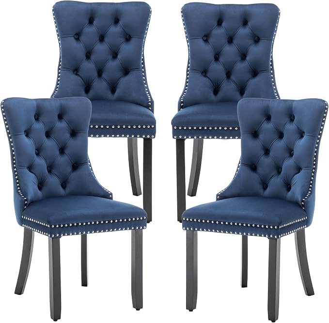 Mid Century Modern Dining Chair Set of 4 Velvet Upholstered Dining Accent Chair Farmhouse Dining Chairs with High Back and Nailhead Trim for Kitchen, Living Room, Bedroom (Blue)