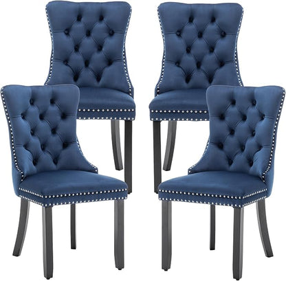 Mid Century Modern Dining Chair Set of 4 Velvet Upholstered Dining Accent Chair Farmhouse Dining Chairs with High Back and Nailhead Trim for Kitchen, Living Room, Bedroom (Blue)