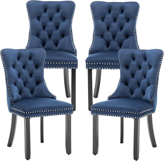 Mid Century Modern Dining Chair Set of 4 Velvet Upholstered Dining Accent Chair Farmhouse Dining Chairs with High Back and Nailhead Trim for Kitchen, Living Room, Bedroom (Blue)