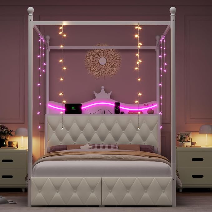 Keyluv Queen Size Upholstered LED Canopy Bed Frame with Charging Station and Drawer, Button Tufted Crown Headboard with Storage Shelf, Two-Purpose Removable Four Poster Design Platform Bed, Beige
