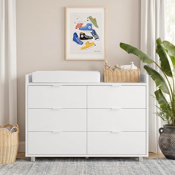 MAMAZING Keeva Pro 6-Drawer Baby Dresser with Changing Table, Easy Assembly | White Wooden Nursery Dresser, Anti-Tip Design & Adjustable Feet, Dresser for Bedroom, Kids & Toddler Storage, 44" Wide