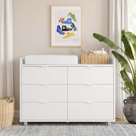 MAMAZING Keeva Pro 6-Drawer Baby Dresser with Changing Table, Easy Assembly | White Wooden Nursery Dresser, Anti-Tip Design & Adjustable Feet, Dresser for Bedroom, Kids & Toddler Storage, 44" Wide