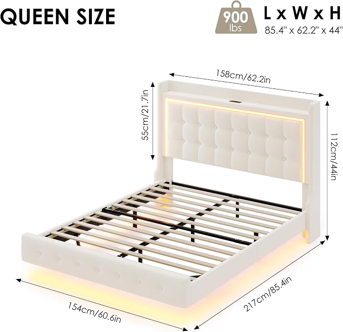 Keyluv Queen Floating Bed Frame with Storage Headboard, LED Lights & Charging Station Platform Bed, Soft Upholstered Velvet, USB/Type-C Ports, Easy Assembly, Beige