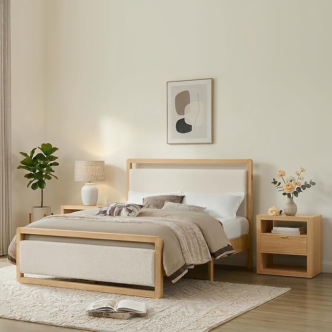 KISLOT Wood Bed Frame with Headboard and Footboard, Mattress Foundation with USB Charging Strong Wooden Slat Support Noise-Free Easy Assembly No Box Spring Needed