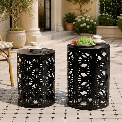 HFHOME Set of 3 Metal Outdoor Side Table, Nesting Round Coffee Table for Indoor Outdoor, Heavy Duty End Tables Plant Stand Living Room Garden Stool - Black