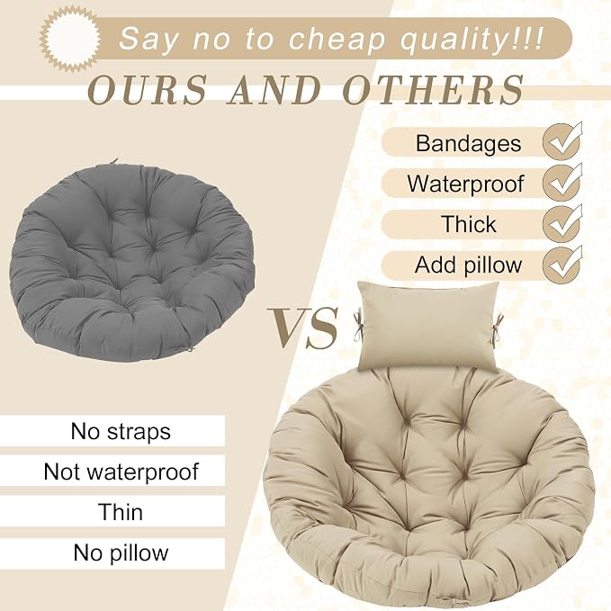 Tudomro Beige Egg Chair Cushion Hanging Basket Chair Replacement 45x45 Hammock Basket Swing Waterproof Cushion Hanging Swing Pads with Headrest for Indoor Outdoor Porch Backyard Patio Garden