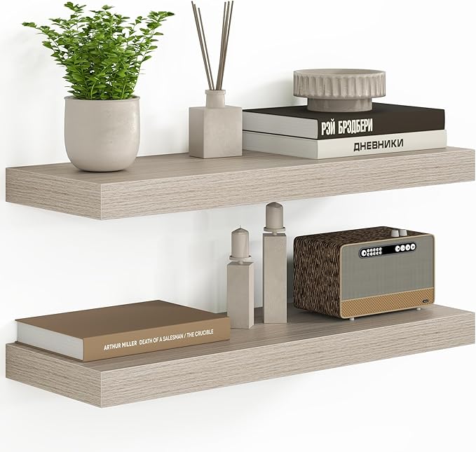Fun Memories 24 Inch Floating Shelves - Deep Rustic Wooden Wall Shelves - Extra Deeper & Thicker Wall Mounted Storage Shelf for Bedroom, Kitchen, Farmhouse - 2 Pack, Grey