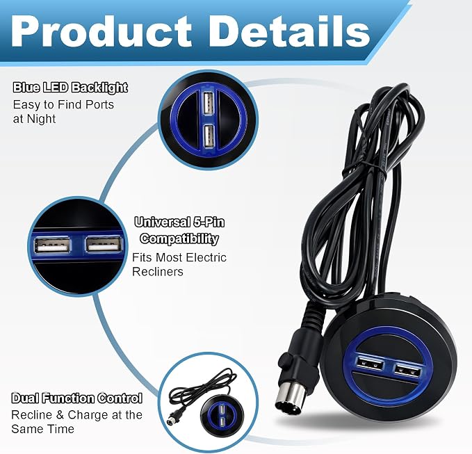 Power Recliner Switch Replacement with Dual USB Ports, 2 Button 5 Pin Round Hand Control, 1.8M Power Recliner Remote Compatible with Ashley Okin Limoss Lane KDPT Kaidi Lift Chair Recliner Sofa