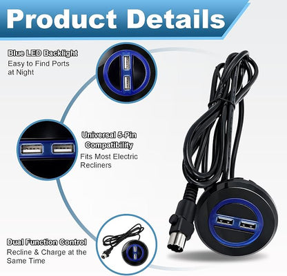 Power Recliner Switch Replacement with Dual USB Ports, 2 Button 5 Pin Round Hand Control, 1.8M Power Recliner Remote Compatible with Ashley Okin Limoss Lane KDPT Kaidi Lift Chair Recliner Sofa