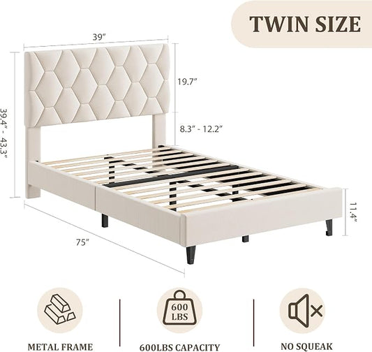 GarveeHome Beige Twin XL Bed Frame with Upholstered Headboard, Heavy-Duty Platform Bed Frame with Adjustable Headboard, Strong Wood Slat Support/No Box Spring Needed/Noise Free