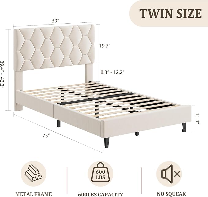 GAOMON Beige Twin Upholstered Bed Frame, Heavy-Duty Platform Bed Frame with Upholstered Headboard & Strong Wood Slats, No Box Spring Needed/Noise Free/Easy Assembly