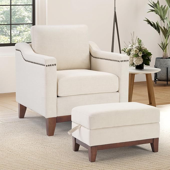HAOMARKETS 2 Piece Fabric Sofa Set with Nailhead Trim, Included Comfy Accent Chair with Thicked Cushion and Upholstered Storage Ottoman with Flip-Top Table, Living Room Furniture Set,Beige