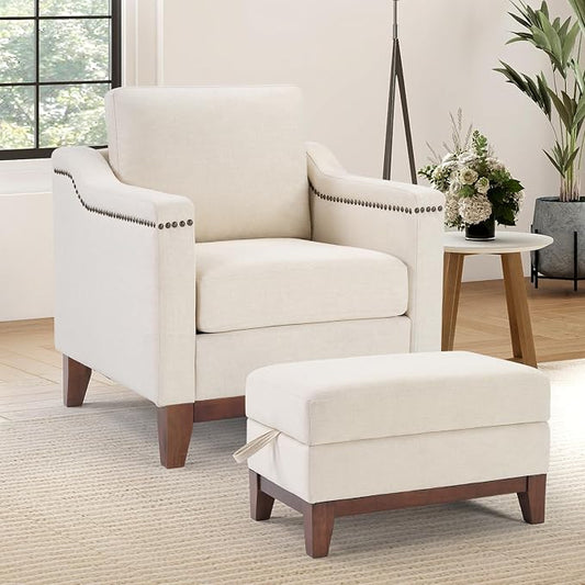 HAOMARKETS 2 Piece Fabric Sofa Set with Nailhead Trim, Included Comfy Accent Chair with Thicked Cushion and Upholstered Storage Ottoman with Flip-Top Table, Living Room Furniture Set,Beige