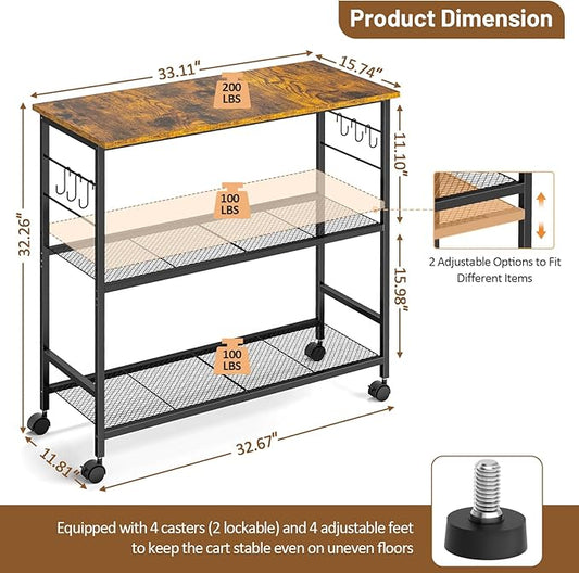 3 Tier Rolling Kitchen Microwave Cart, 33 Inch Microwave Table Stand with Adjustable Shelf, Kitchen Storage Island Utility Cart on Lockable Wheels, Bakers Rack Coffee Bar for Living Room, Office