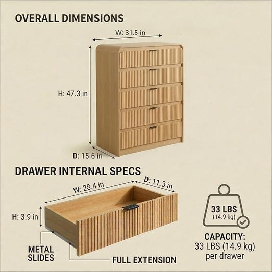 FURSUN Fluted 5 Drawers Dresser for Bedroom, 48" Tall Wooden Modern Dresser with Metal Handle, Curved Profile Design, Storage Organizer for Bedroom, Living Room, Hallway, Natural Oak