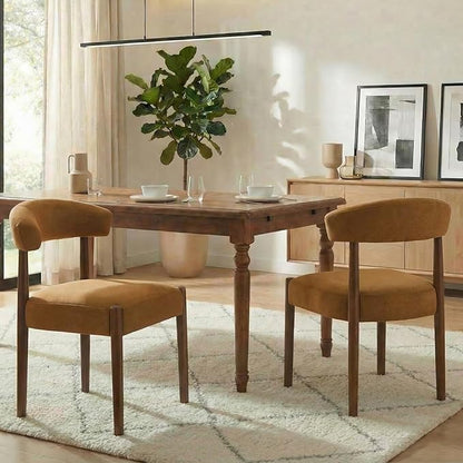 VKNOW Wooden Dining Chairs Set of 2, Modern Upholstered Dining Room Chairs with Walnut Wood Legs and Curved Backrest, Fabric Kitchen Chairs for Farmhouse/Living Room/Dining Room, Orange