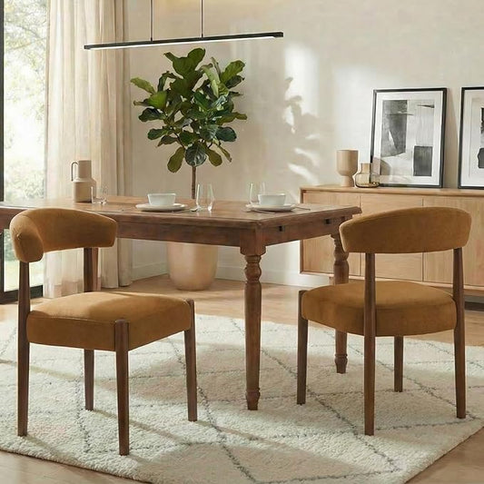 VKNOW Wooden Dining Chairs Set of 2, Modern Upholstered Dining Room Chairs with Walnut Wood Legs and Curved Backrest, Fabric Kitchen Chairs for Farmhouse/Living Room/Dining Room, Orange