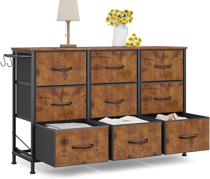 Dresser for Bedroom, Small Fabric Dressers for Kids Bedroom, 9 Drawers Dresser for Closet, Storage Organizer Chest of Drawers for Nursery, Dorm, Apartment, TV Stand, Wood Top, Side Hook (Rustic Brown)