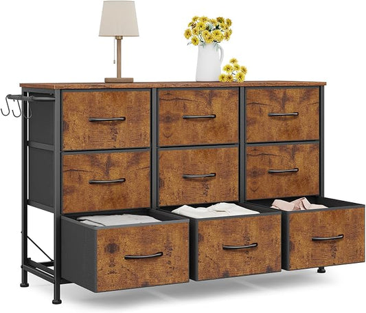 Dresser for Bedroom, Small Fabric Dressers for Kids Bedroom, 9 Drawers Dresser for Closet, Storage Organizer Chest of Drawers for Nursery, Dorm, Apartment, TV Stand, Wood Top, Side Hook (Rustic Brown)
