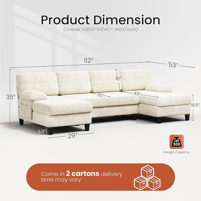 KKL U-Shaped Sectional Couch for Living Room | 112" Sectional Sofa with Double Chaise, Modern Sofa Deep Seat Couches for Living Room, Apartment, Office, Beige