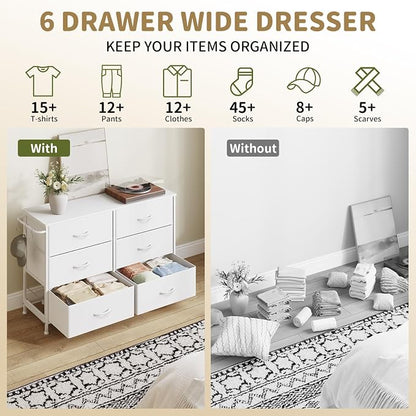 Dresser for Bedroom with 6 Drawers, Small Fabric Dressers for Kids Bedroom, Chest of Drawers, Storage Organizer Dresser for Closet, Nursery, Dorm, Apartment, TV Stand Living Room Wooden Top (White)