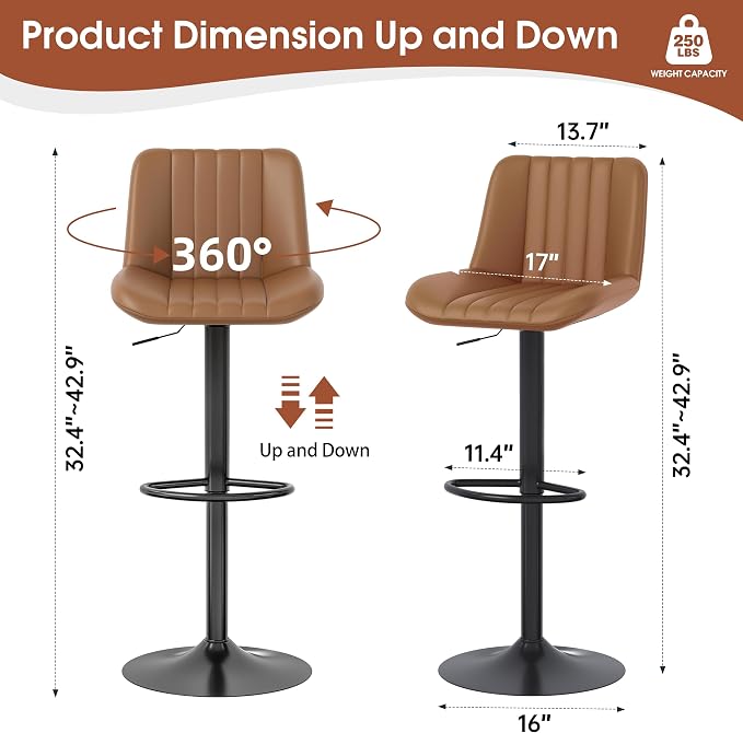 JAMFLY Modern Leather Bar Stools – Swivel & Height-Adjustable Bar Chairs with Footrest, Ergonomic Design for Kitchen Island, Home & Commercial Bar – Set of 4, Brown