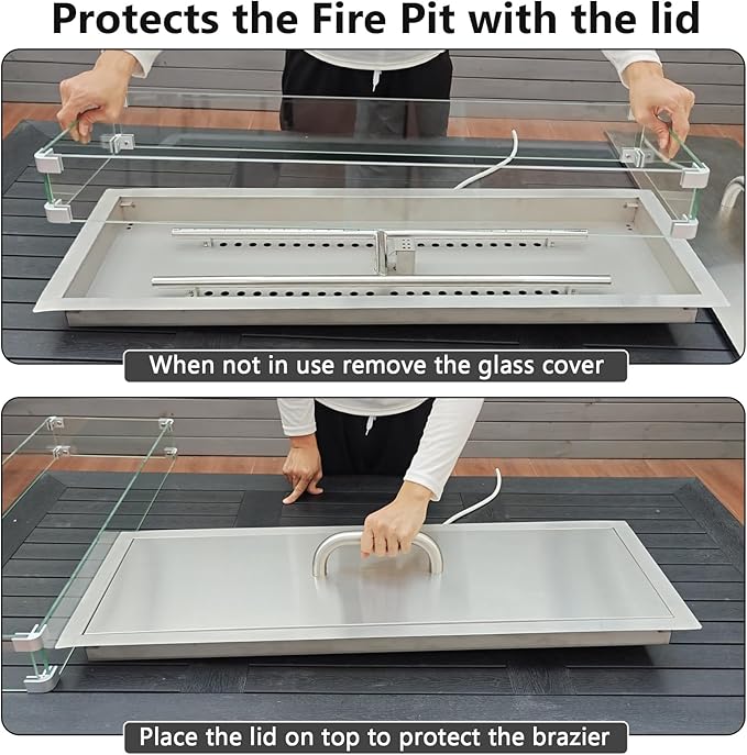 GRISUN Upgraded 36" x 12" Drop-in Fire Pit Burner Kit, Gas Fire Pit Kit with Glass Wind Guard & Lid, Linear Fire Pit Pan Insert with Spark Ignition for Fire Pit Tables