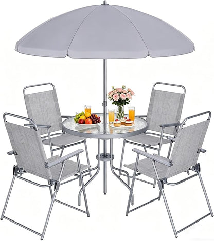 Shintenchi 6 Piece Outdoor Patio Furniture Set, Small Outdoor Patio Dining Table and Chairs Set, Outdoor Seating with Umbrella for Backyard, Balcony, Front Porch, Ice Silver