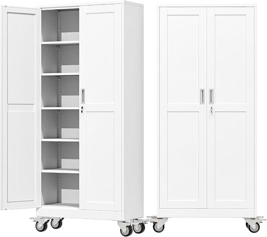 75" Metal Garage Storage Cabinet with Wheels and Locking Doors and Tall Rolling Steel Tool Cabinet with 5 Adjustable Shelves for Garage,Home,Office,Shop (White, 75''H x 32''W x16''D)