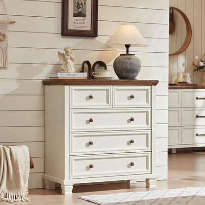 SAVOR LIFE Farmhouse Dresser and Nightstand Sets of 3, 6/5 Drawer Dresser & 2 Drawer Nightstand, Rustic White Bedroom Furniture Set for Home, Bedroom, Hallway, White