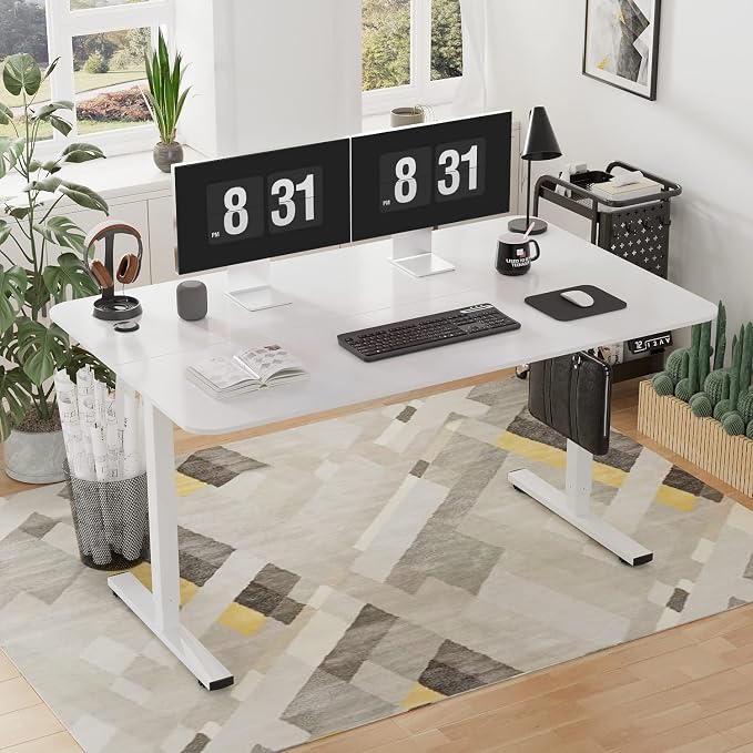 YESHOMY Height Adjustable Electric Standing Desk, 55 inch Computer Table, Home Office Workstation, White Leg/White Top