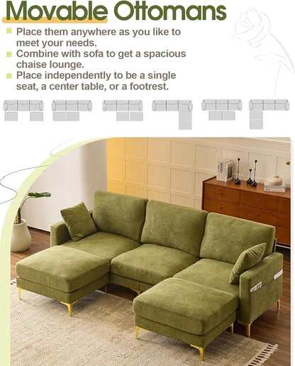 Karl home 99.6" 3-Seat U-Shaped Sectional Sofa, Green | Chenille Upholstered, 2 Movable Ottomans, Cloud-Like Seat, 2 Throw Pillows, Comfy Deep Seat, Living Room, Apartment, Office