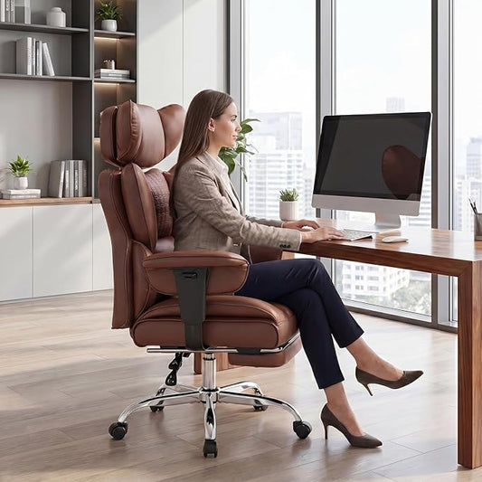 DUMOS Big and Tall Home Office Desk Chair, Ergonomic Executive Chair with Footrest, Computer Gaming Chairs with High Back Reclining, Adjustable Armrests and Comfy Lumbar Support, PU Leather, Brown