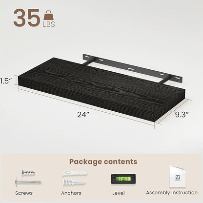 Vivelove Floating Shelves 24 Inch, Black Wall Shelves Over Toilet with Invisible Brackets for Bathroom Living Room Kitchen Bedroom Office Farmhouse Home Decor, 24" X 9.3" X 1.5" - Set of 2