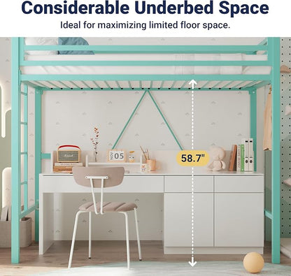Allewie Metal Loft Bed Twin Size with Guardrail and Ladder,Green | Small Space Saving Design for Bedroom Kid Room and Dorm, No Box Spring Needed