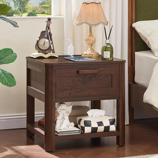 Joaxswe Farmhouse Night Stand with Charging Station, Wood Bed Side Table with Drawer & Open Storage Shelf for Bedroom, Walnut