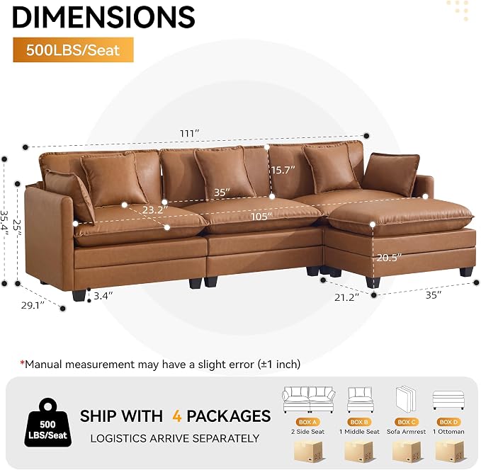 111'' Sectional Cloud Deep Seat Couch, Modern Comfy Leather L Shaped Sectional Sofa for Living Room Set, Upholstered Modular 4-Seats Sofa Couch with 1 Movable Ottoman, Leather Light Brown