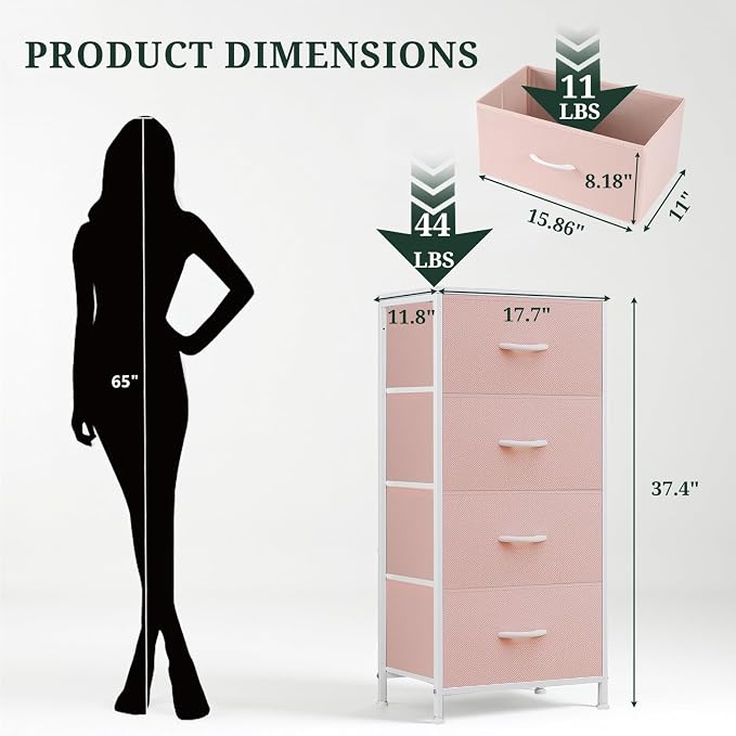 4 Drawers Dresser for Bedroom, Fabric Storage Tower Organizer with Wooden Top and Steel Frame, Tall Chest of Drawers for Closet, Entryway, Dorm, Pink