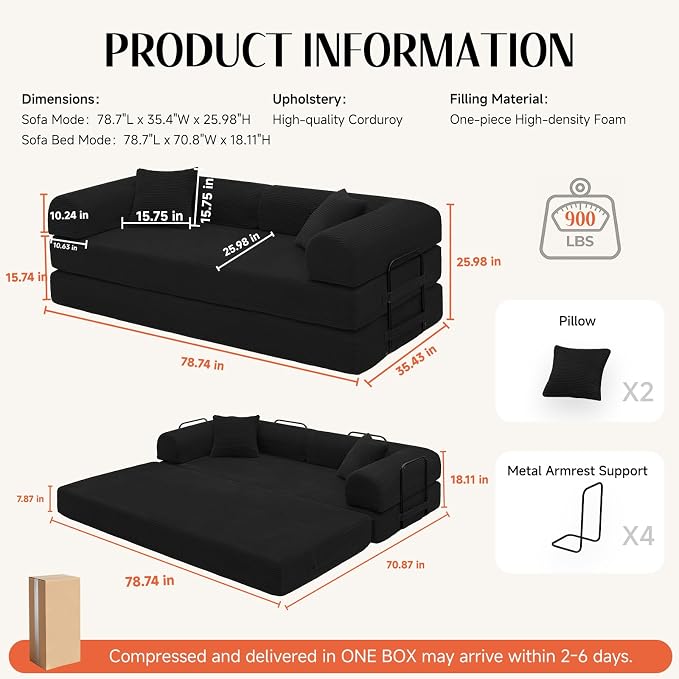 79'' Convertible Sofa Bed, Boneless Couch-in-a-Box, Corduroy Floor Futon Loveseat Sleeper, 26'' Deep Seat, Removable Machine-Wash Covers, No Assembly, 2 Pillows, Black