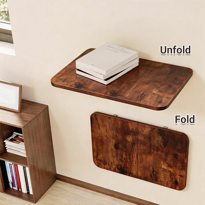 Neoaider Wall Mounted Folding Desk 23.6” x 15.7”, Brown | Drop Down Table with Metal Collapsible Brackets, Folding Wall Table for Small Spaces, Home, Office, Kitchen, Laundry Room