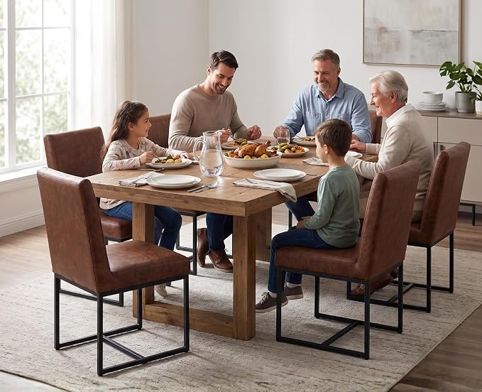 CIMOTA Modern Dining Chairs Set of 8, Leather Dining Room Chairs Upholstered Mid Century Armless Guest Side Chair with Black Base for Dining Room/Kitchen, Vintage Brown 8PCS